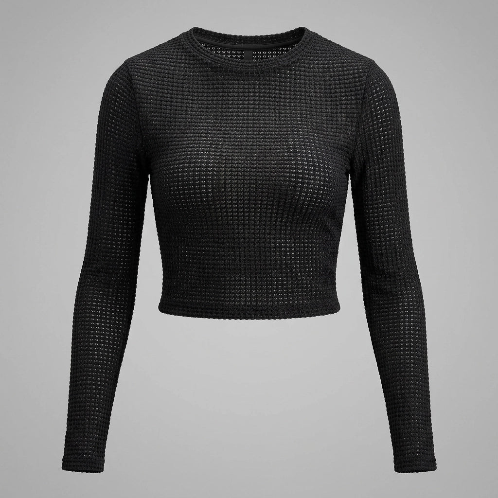 Long Sleeve Top Waffle Knit Thermal Black 5