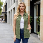 Longline Denim Vest with Buttons Green 1