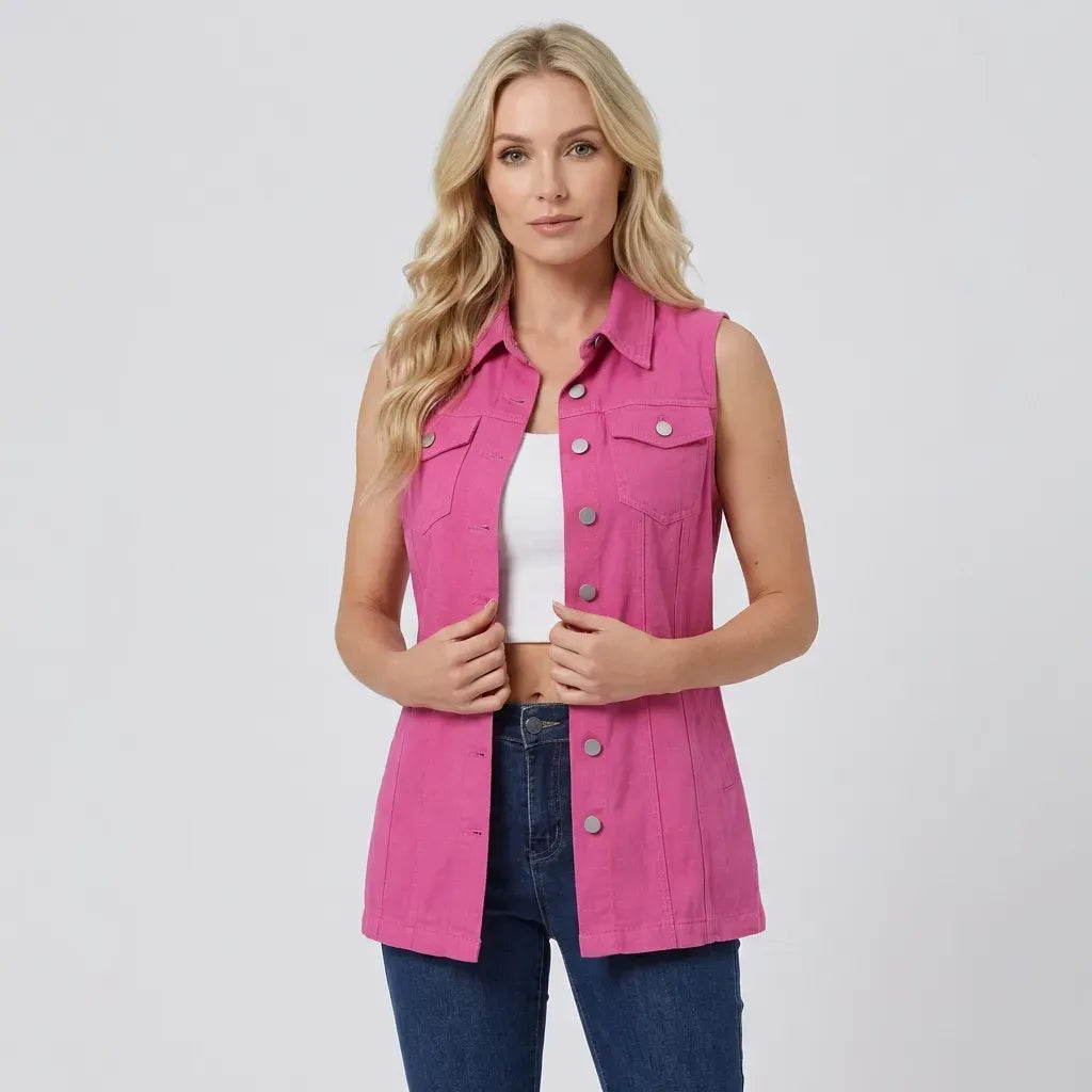 Longline Denim Vest with Buttons Pink 10