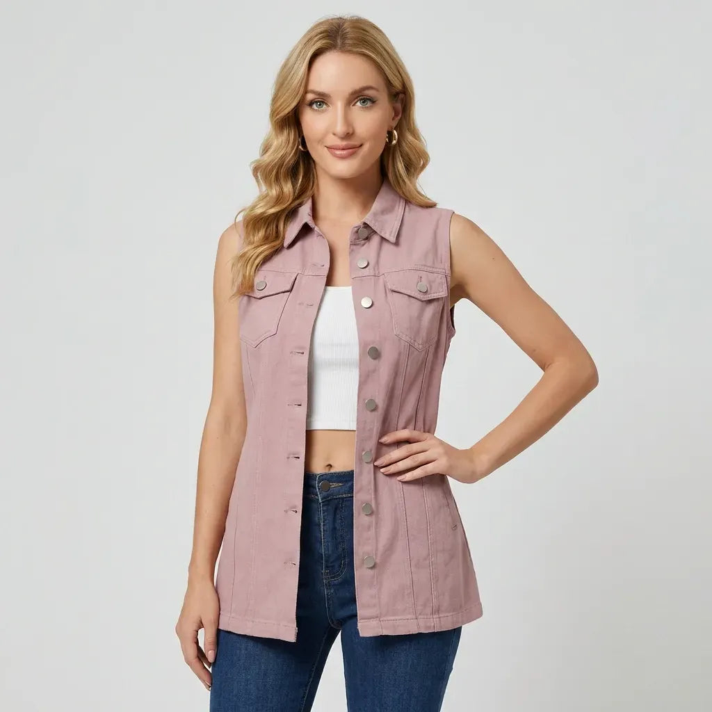 Longline Denim Vest with Buttons Dusty Rose 12