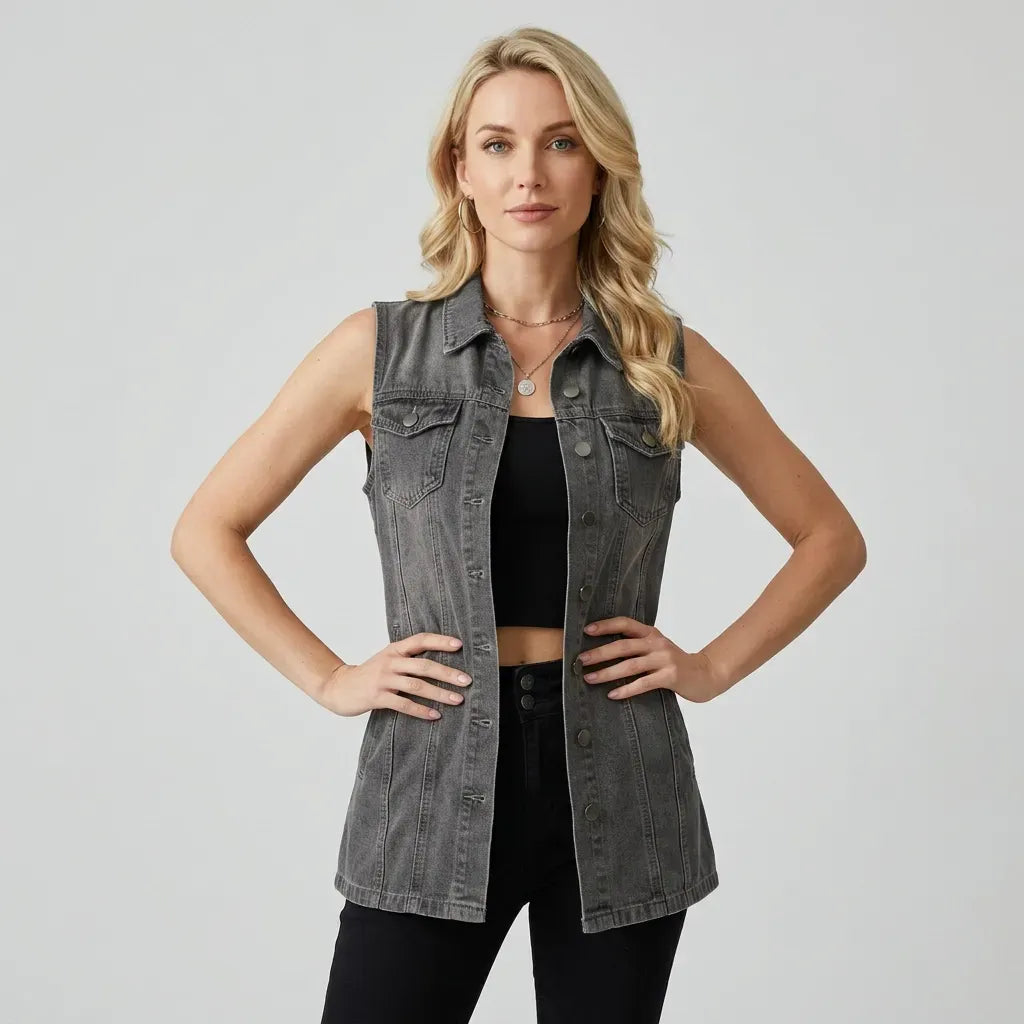 Longline Denim Vest with Buttons Dark Grey 13