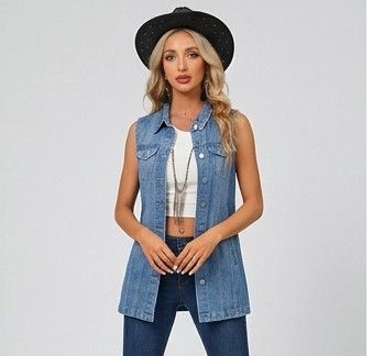 Longline Denim Vest with Buttons Blue 14