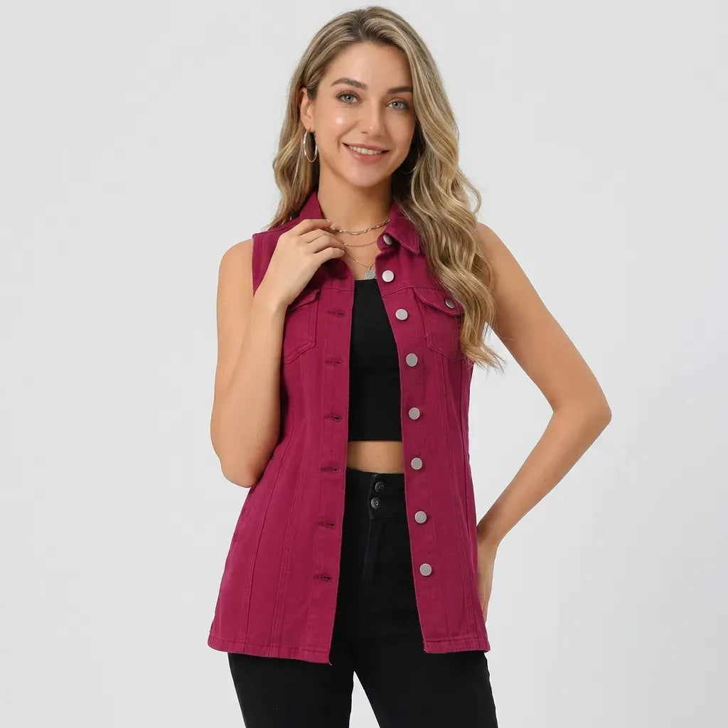 Longline Denim Vest with Buttons Dark Red 15