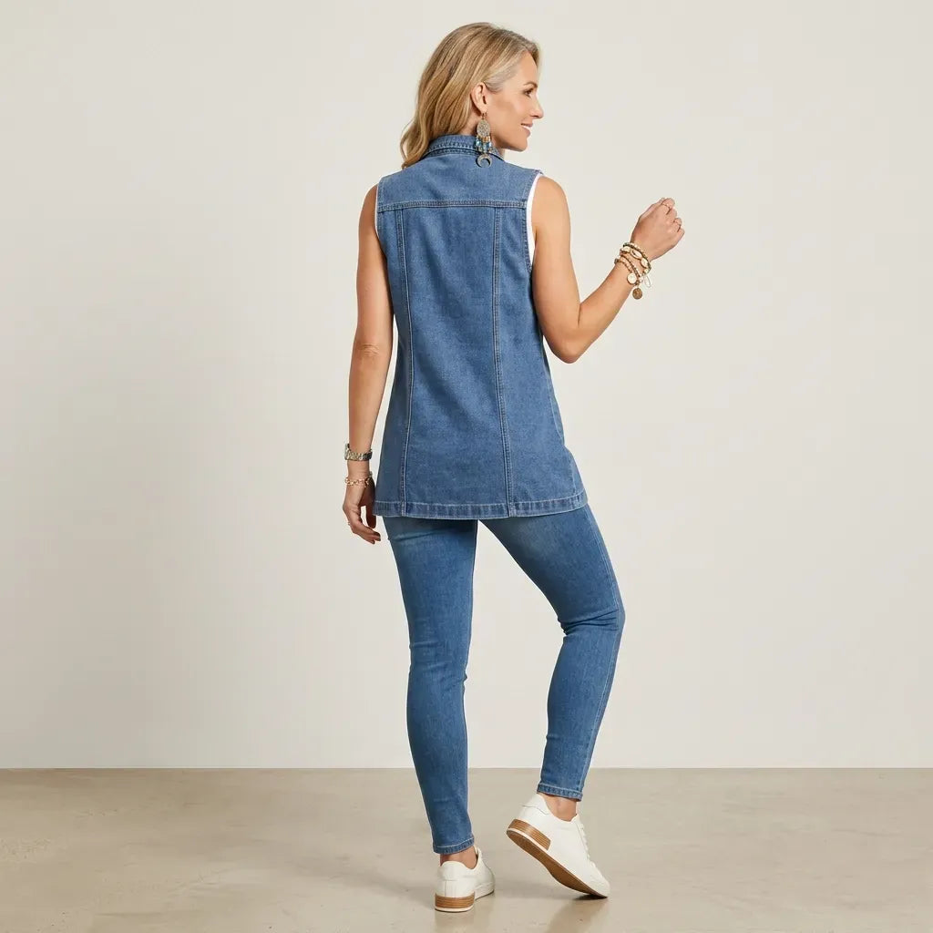 Longline Denim Vest with Buttons Blue 3