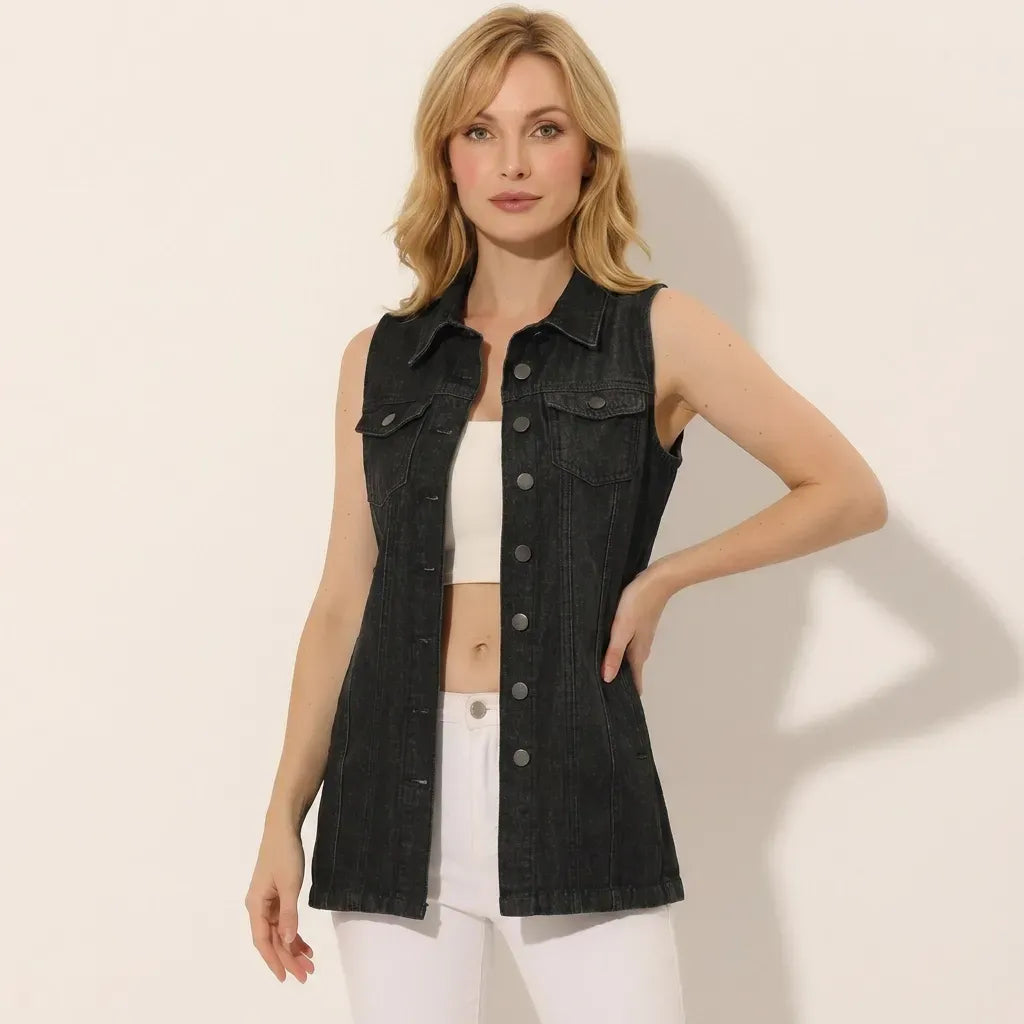 Longline Denim Vest with Buttons Black 4