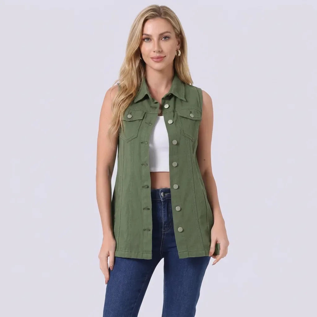 Longline Denim Vest with Buttons Green 5