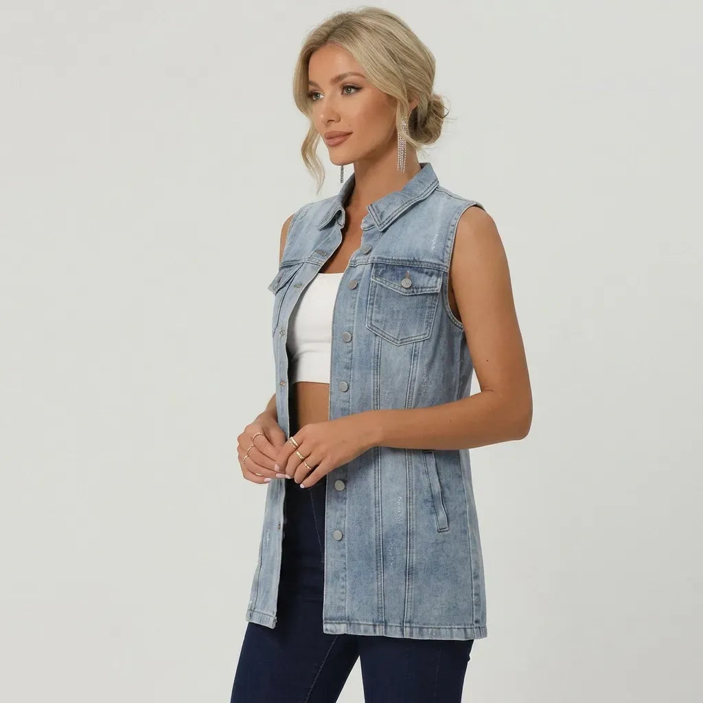 Longline Denim Vest with Buttons Denim 6