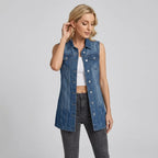 Longline Denim Vest with Buttons Dark Blue 8