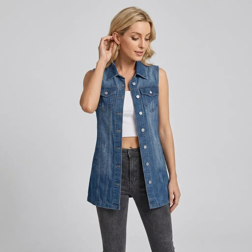 Longline Denim Vest with Buttons Dark Blue 8