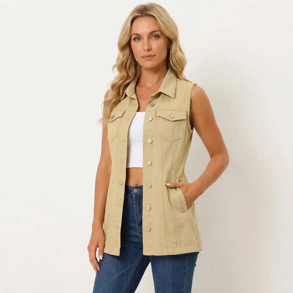 Longline Denim Vest with Buttons Khaki 9