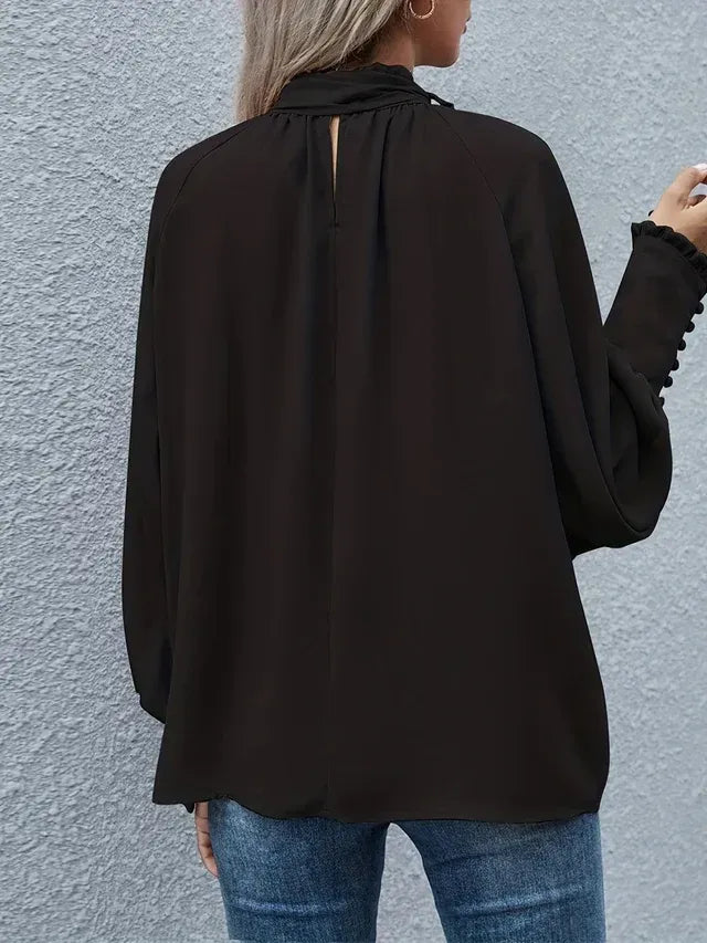 Loose Fit Long Sleeve Blouse with High Neck Black 1