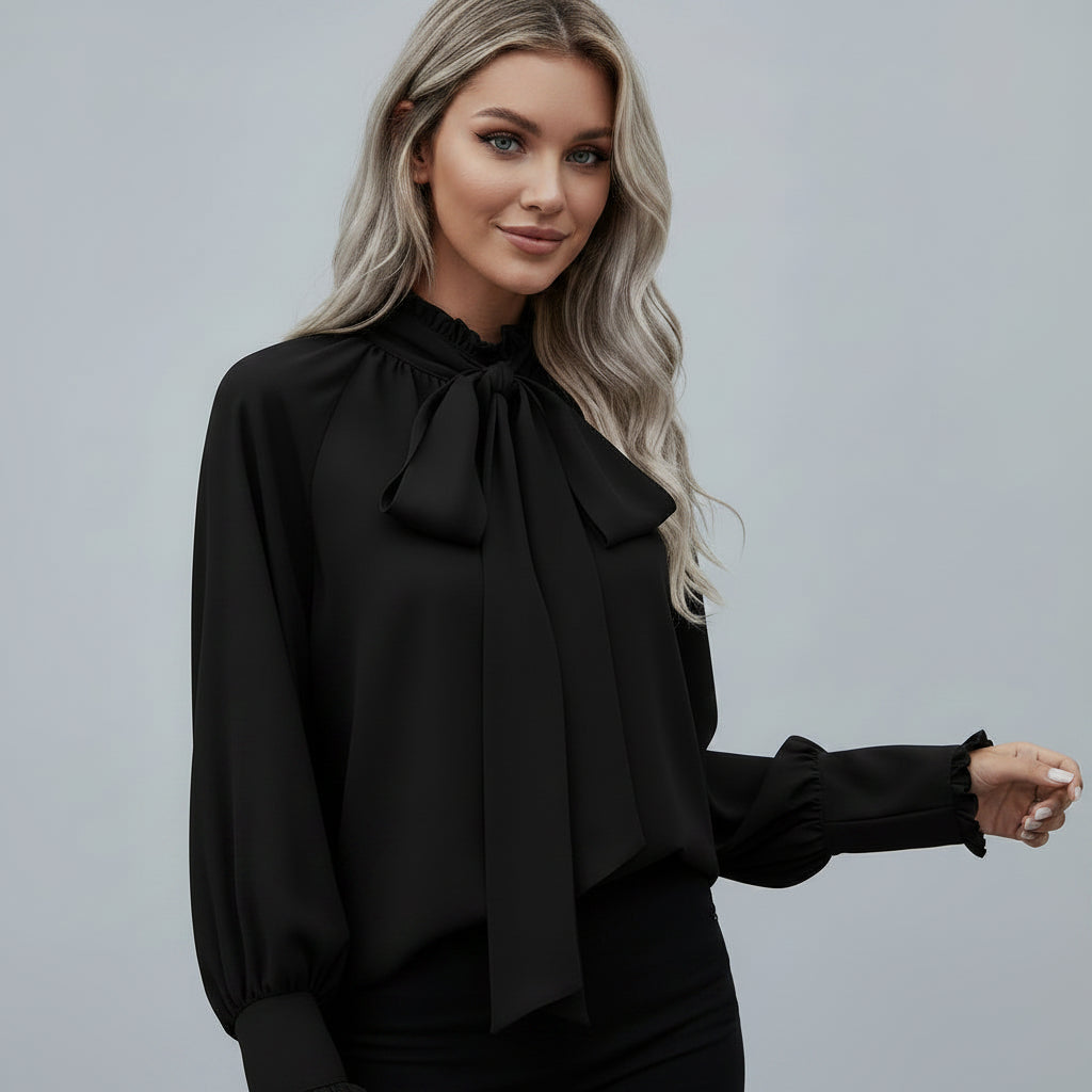 Loose Fit Long Sleeve Blouse with High Neck Black 2