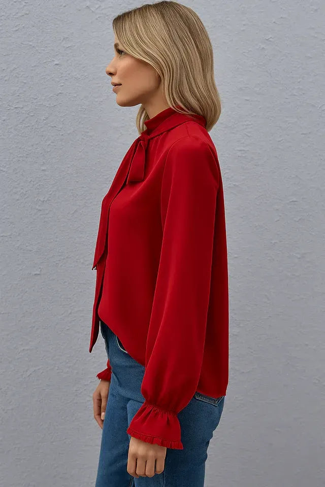 Loose Fit Long Sleeve Blouse with High Neck Red 6