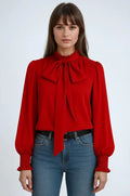Loose Fit Long Sleeve Blouse with High Neck Red 8