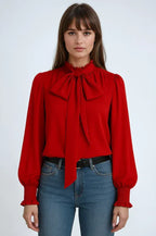 Loose Fit Long Sleeve Blouse with High Neck Red 8