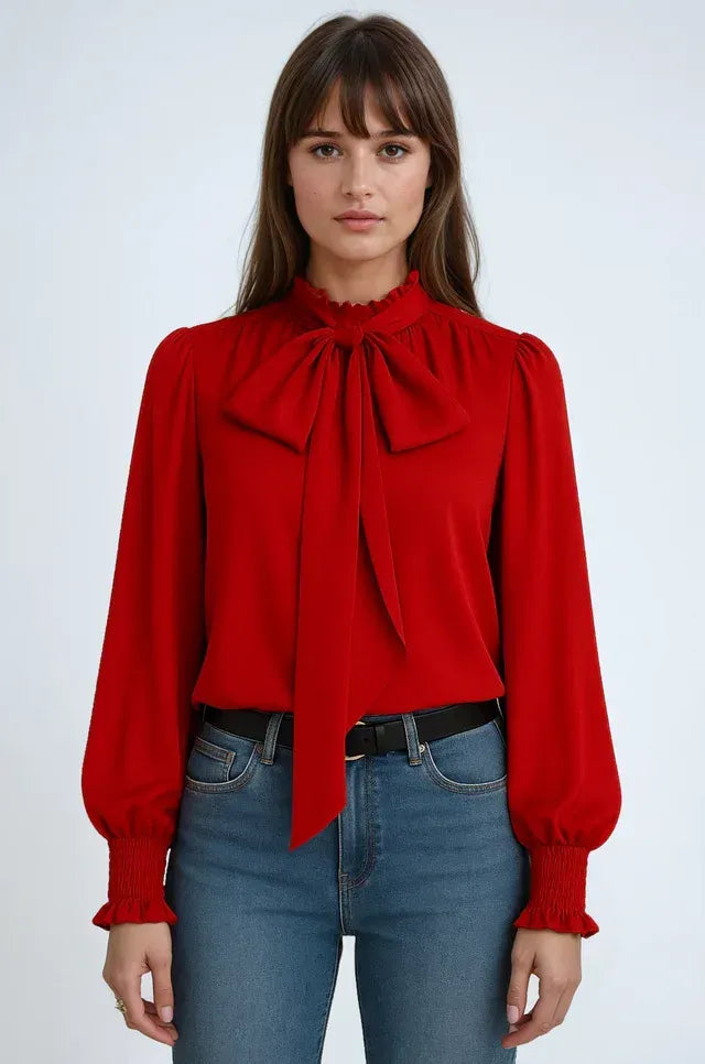 Loose Fit Long Sleeve Blouse with High Neck Red 8
