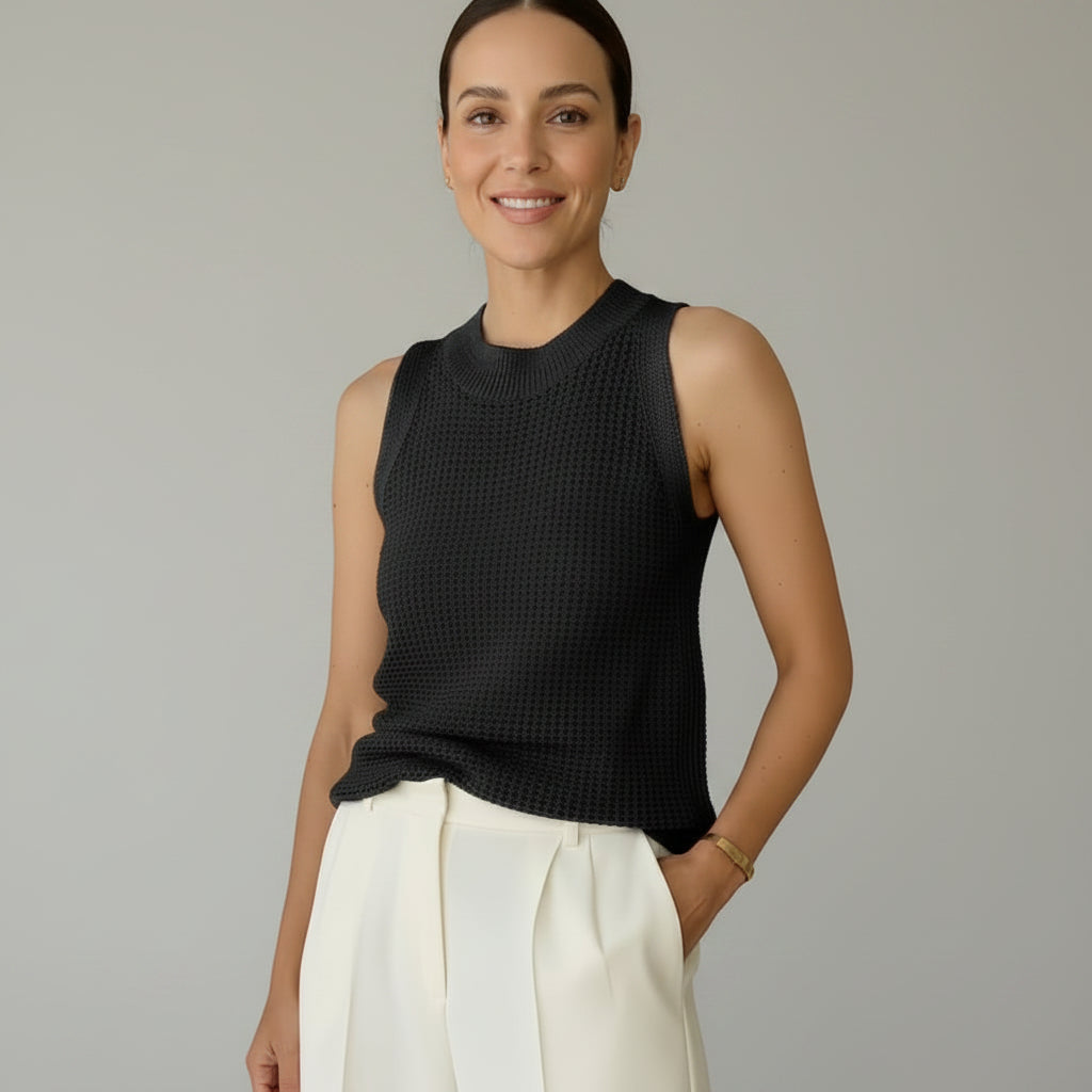 Loose Knit Tank Top Crew Neck Black 1