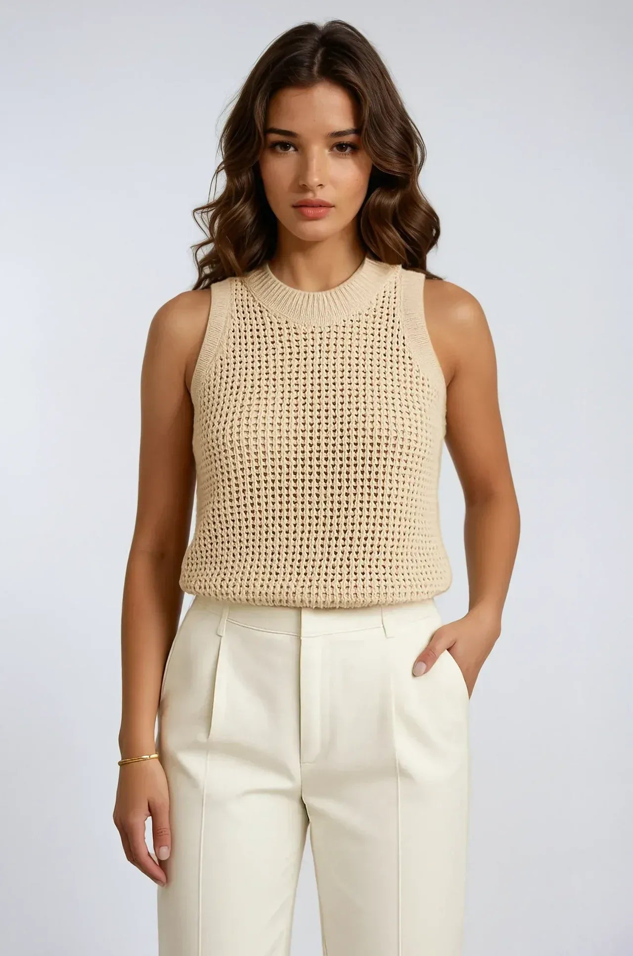 Loose Knit Tank Top Crew Neck Beige 3