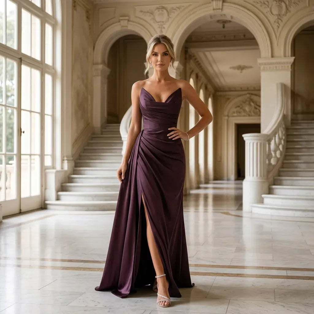 Lustrous Black Tie Dress with Slit Bordeaux 1
