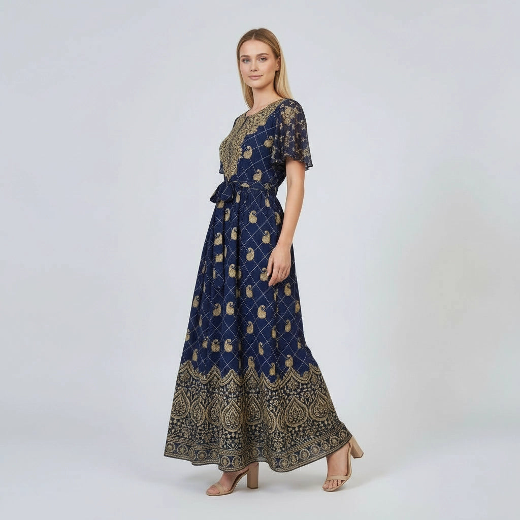 Women’s Boho Print Maxi Dress With Tie Waist