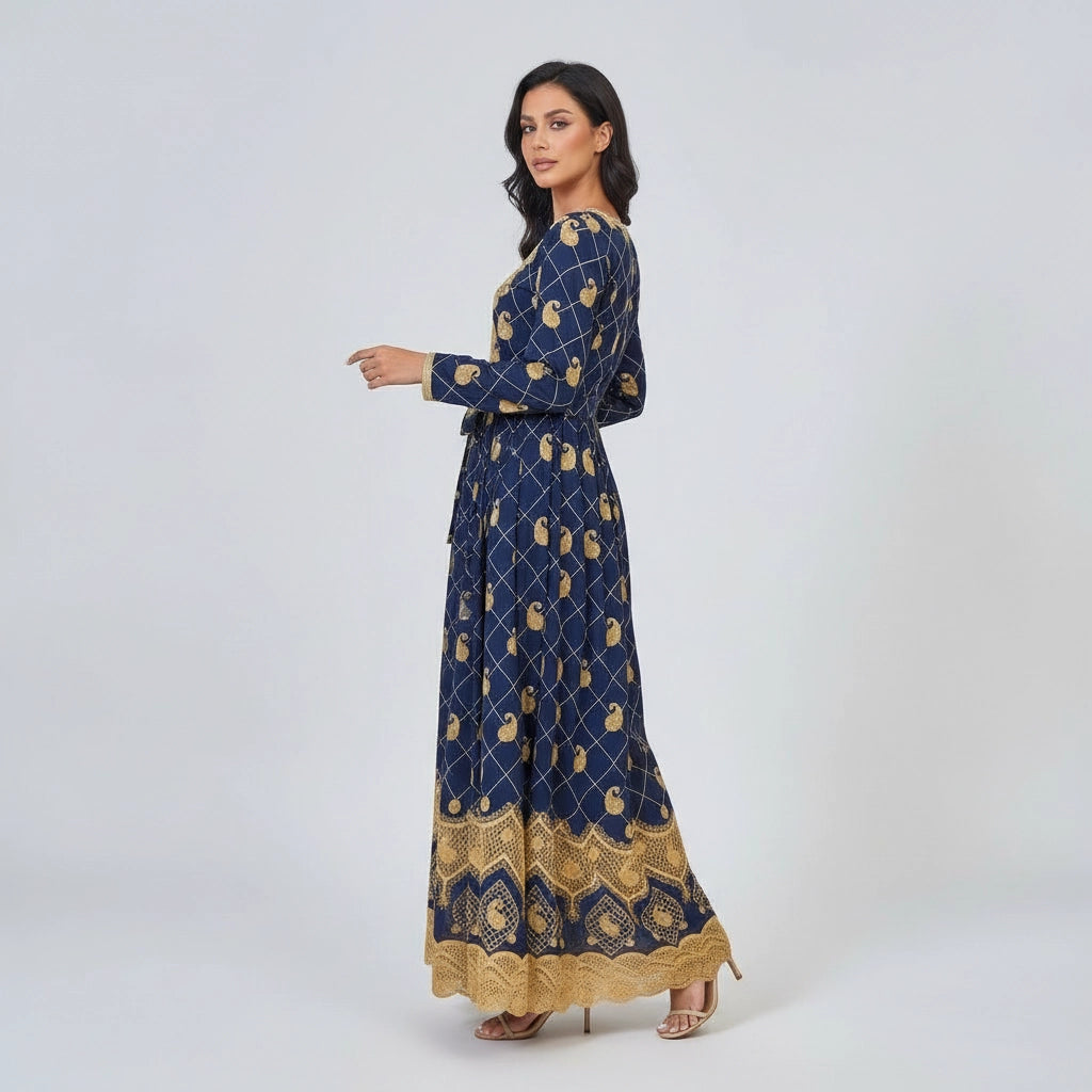 Women's Maxi Long Sleeve Dress with Embroidery