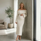Maternity Knit Long Sleeve Dress with Off Shoulder Neckline White 1