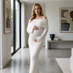 Maternity Knit Long Sleeve Dress with Off Shoulder Neckline White 2