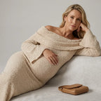 Maternity Knit Long Sleeve Dress with Off Shoulder Neckline Beige 4