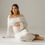 Maternity Knit Long Sleeve Dress with Off Shoulder Neckline White 5