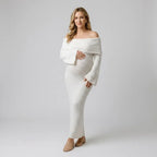 Maternity Knit Long Sleeve Dress with Off Shoulder Neckline White 6