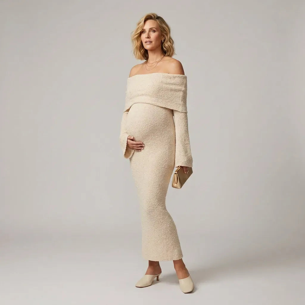 Maternity Knit Long Sleeve Dress with Off Shoulder Neckline Beige 7