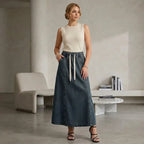 Maxi Denim Skirt with Pockets Dark Blue 1