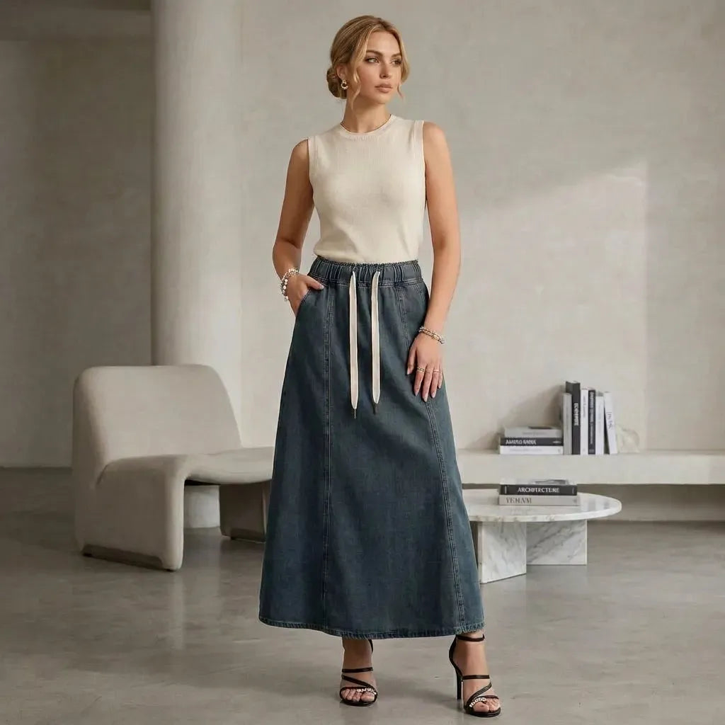 Maxi Denim Skirt with Pockets Dark Blue 1