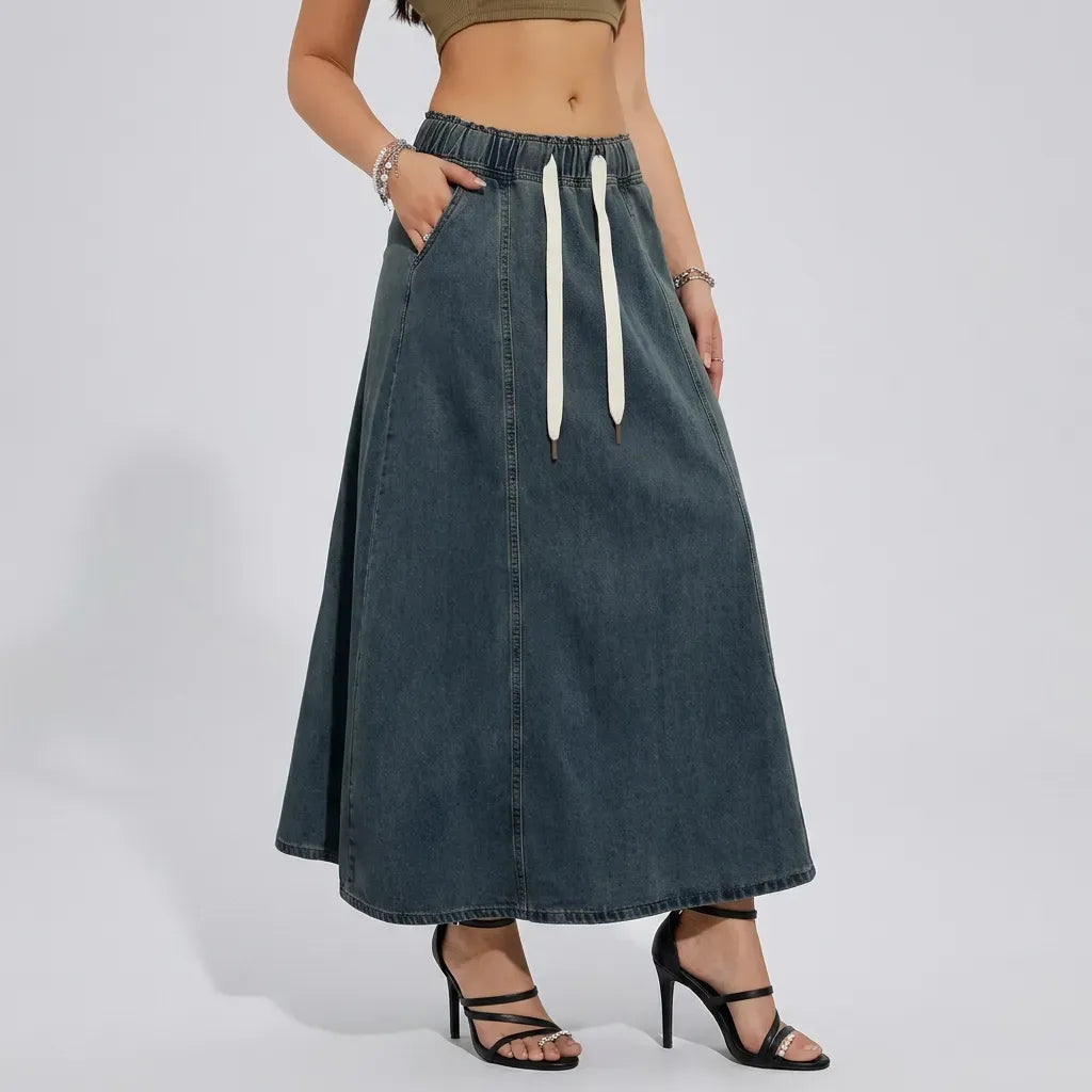 Maxi Denim Skirt with Pockets Dark Blue 4