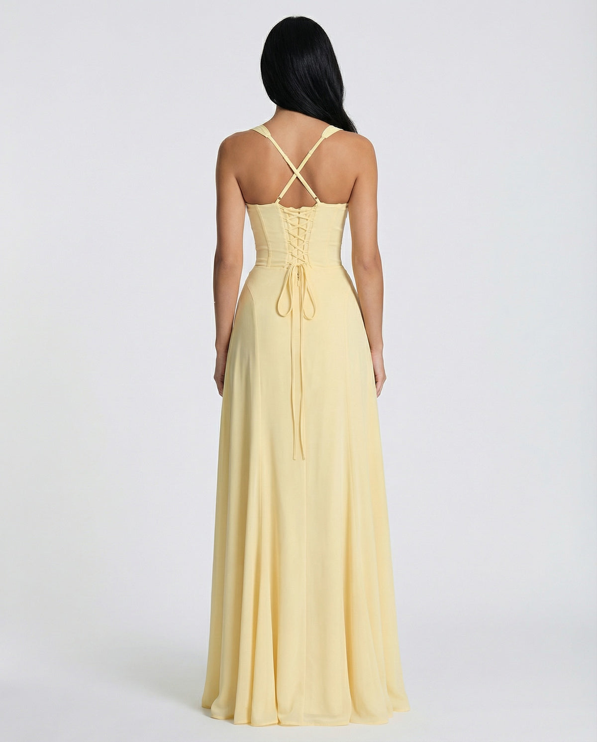 Maxi Dress with Corset Bodice and Lace-Up Back in Yellow – 2