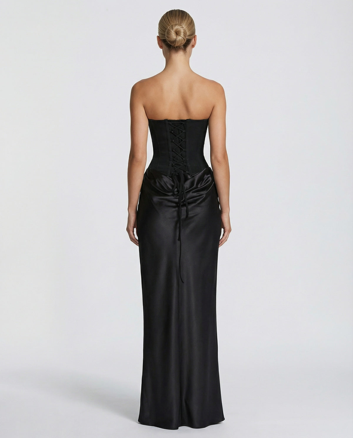 Maxi Dress with Strapless Corset and Draped Skirt in Black – 2