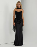 Maxi Dress with Strapless Corset and Draped Skirt in Black – 6