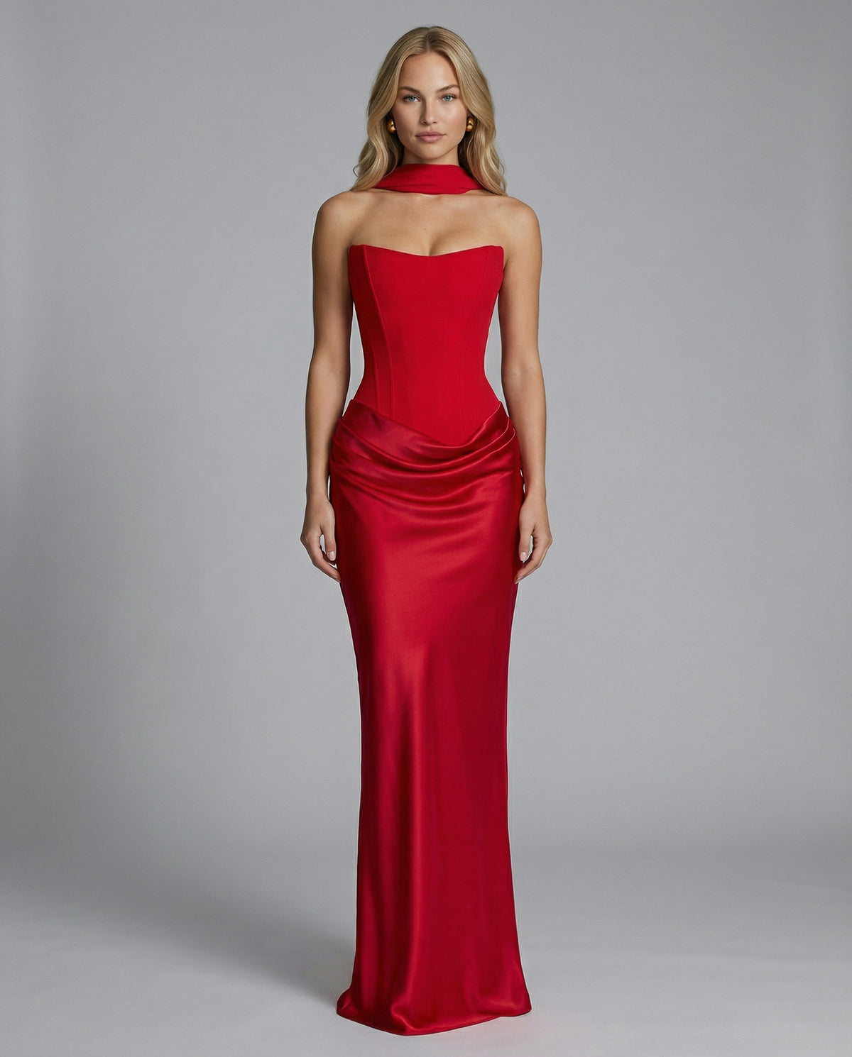 Maxi Dress with Strapless Corset and Draped Skirt in Red – 8