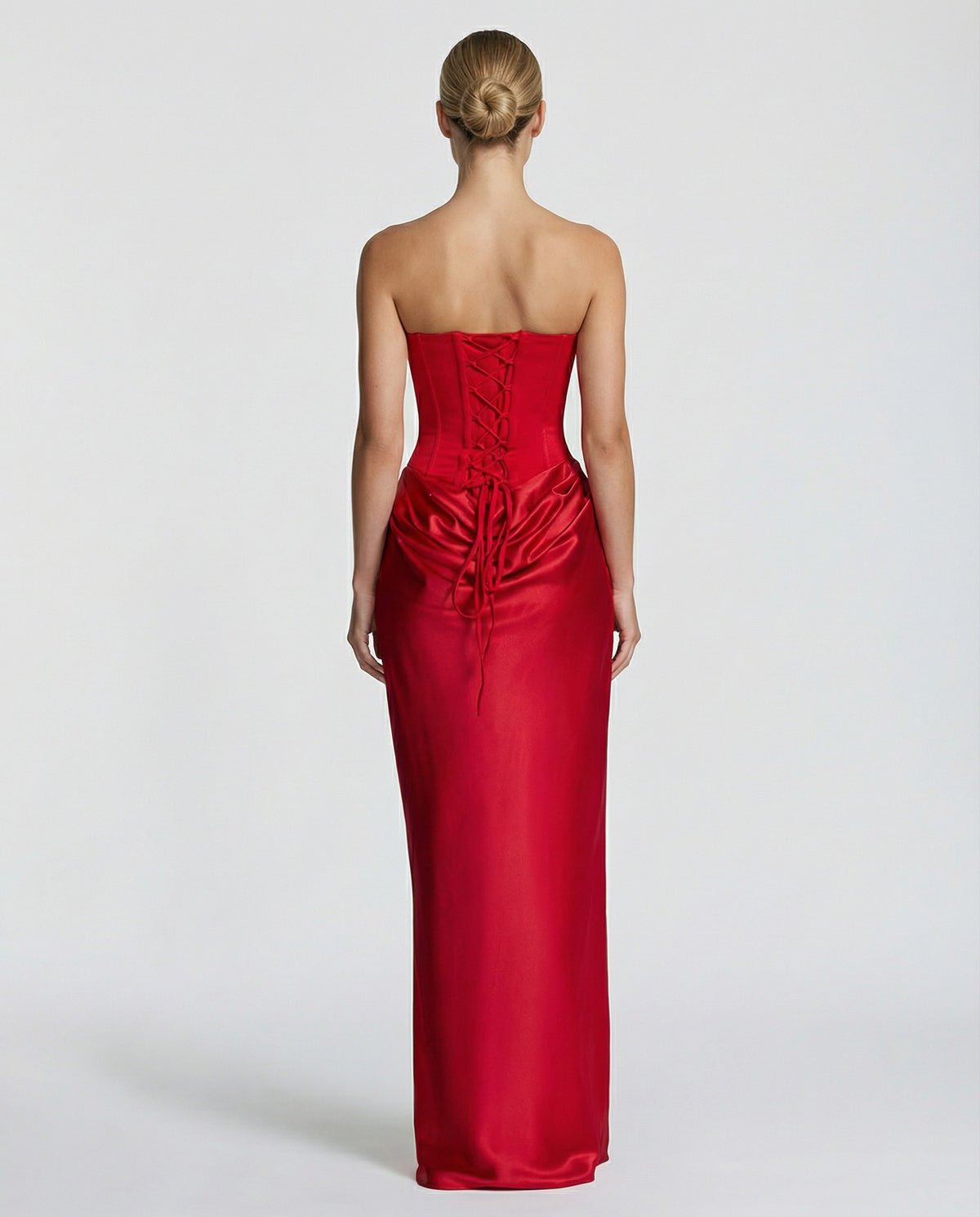 Maxi Dress with Strapless Corset and Draped Skirt in Red – 9