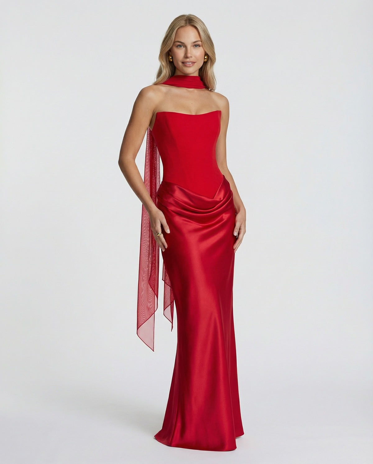 Maxi Dress with Strapless Corset and Draped Skirt in Red – 10