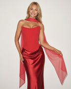 Maxi Dress with Strapless Corset and Draped Skirt in Red – 11