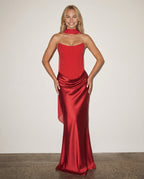 Maxi Dress with Strapless Corset and Draped Skirt in Red – 12