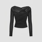 Mesh Off-Shoulder Long Sleeve Top with Ruffle Detail Black 1