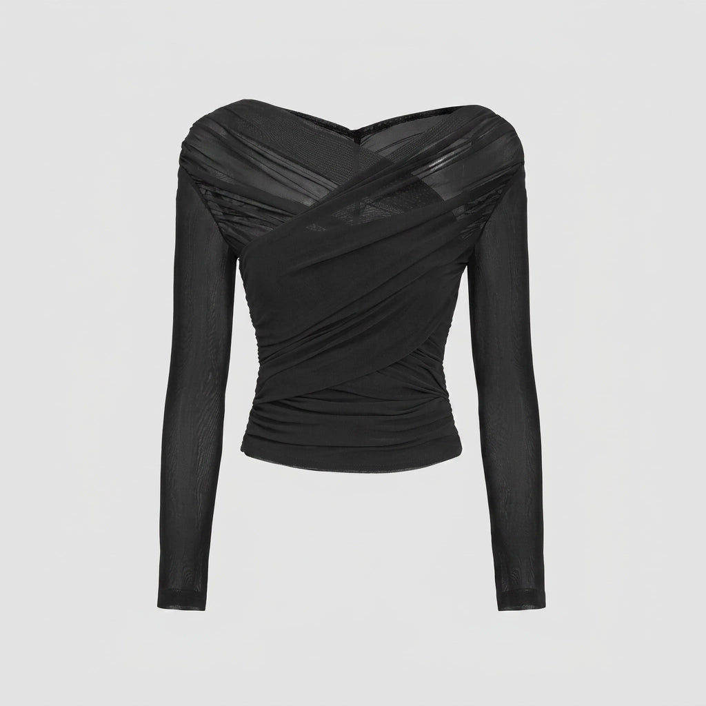 Mesh Off-Shoulder Long Sleeve Top with Ruffle Detail Black 1