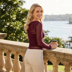 Mesh Off-Shoulder Long Sleeve Top with Ruffle Detail Dark Red 3