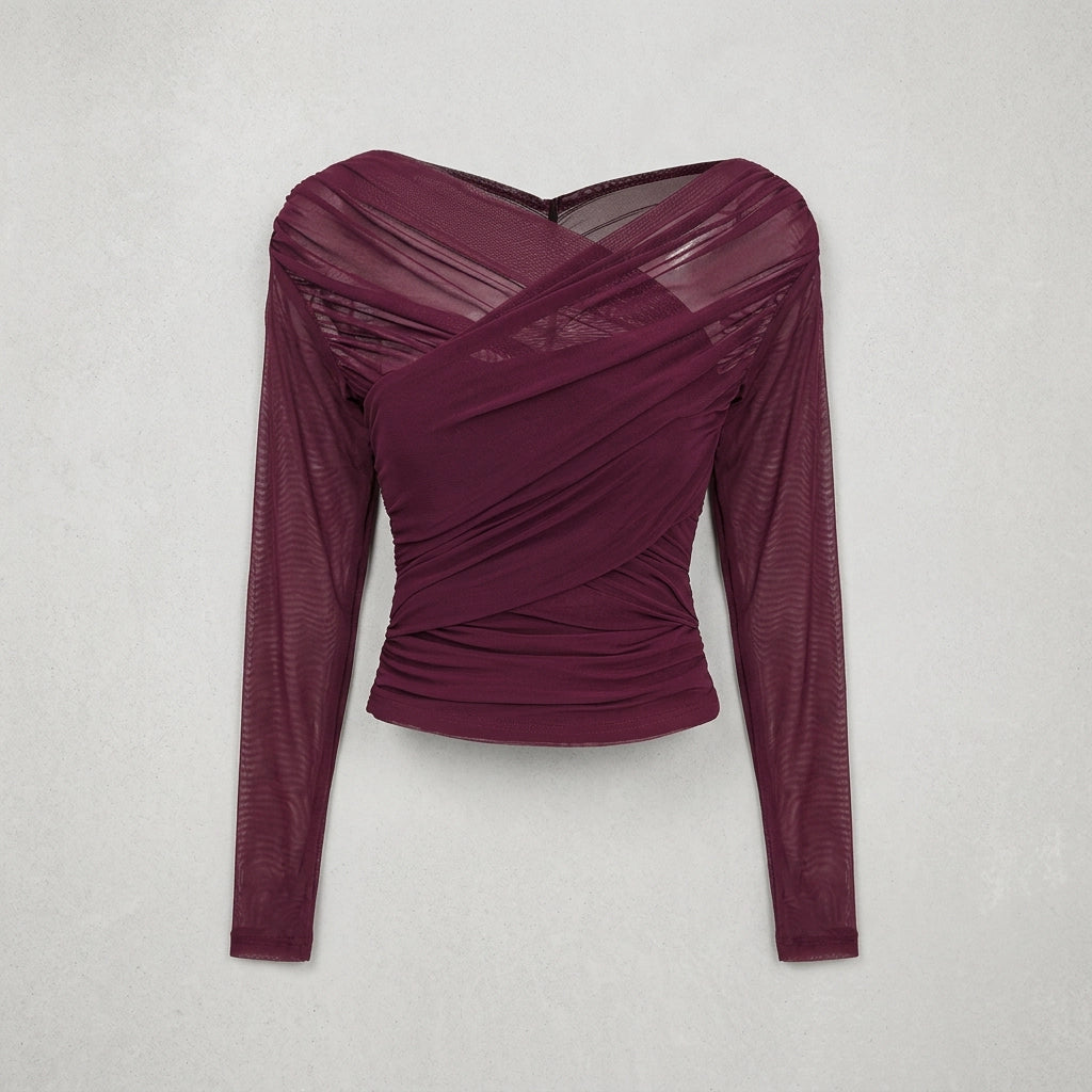Mesh Off-Shoulder Long Sleeve Top with Ruffle Detail Dark Red 4