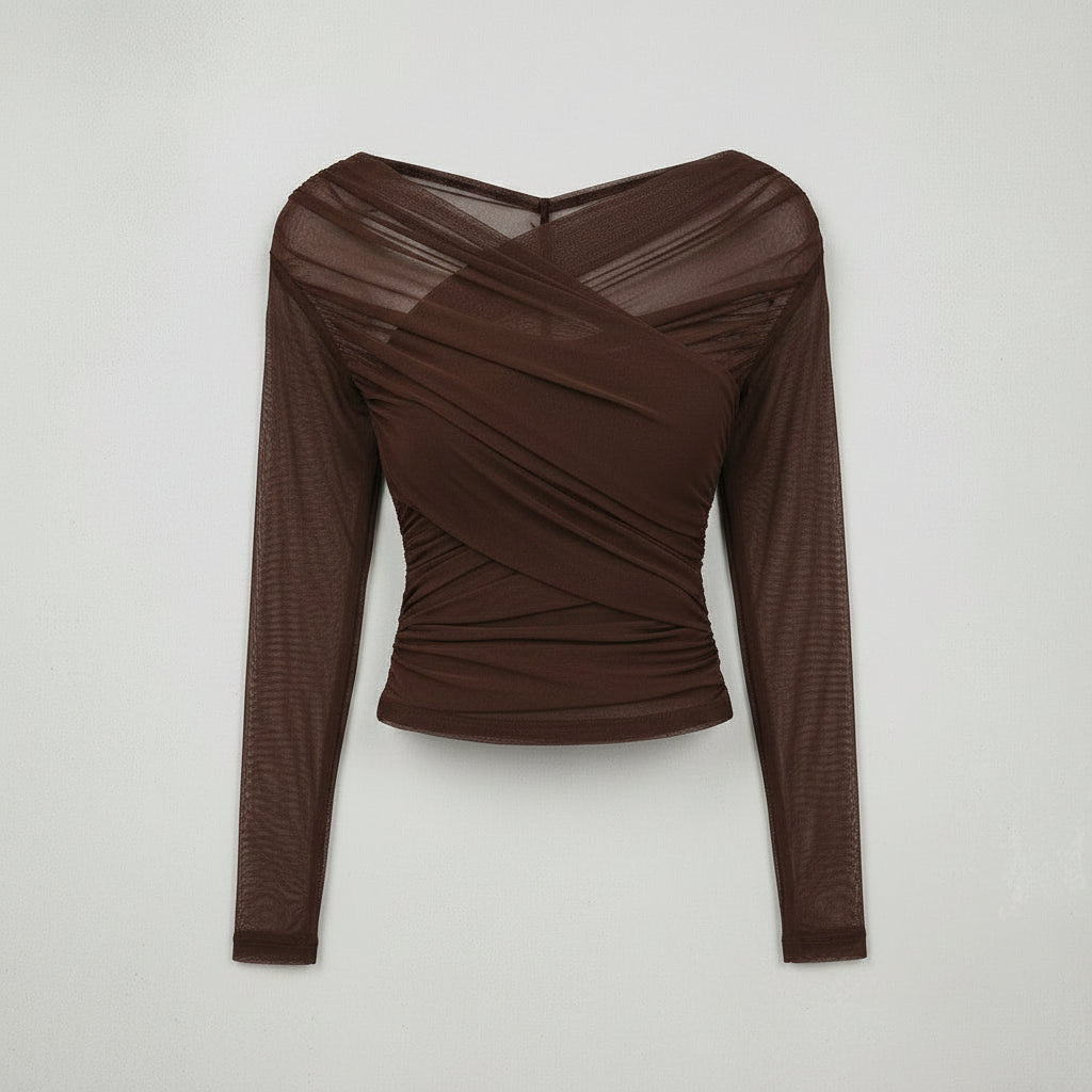 Mesh Off-Shoulder Long Sleeve Top with Ruffle Detail Brown 4
