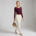 Mesh Off-Shoulder Long Sleeve Top with Ruffle Detail Dark Red 5