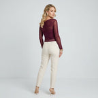 Mesh Off-Shoulder Long Sleeve Top with Ruffle Detail Dark Red 6