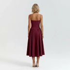 Midi A-Line Cocktail Dress with Spaghetti Straps Dark Red 1
